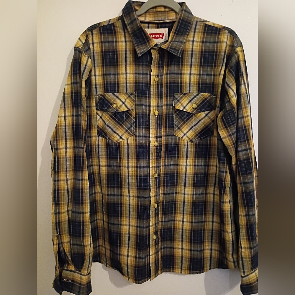 Levi's Men's Plaid Button-Up Shirt - Yellow and Blue Sz L Regular‎